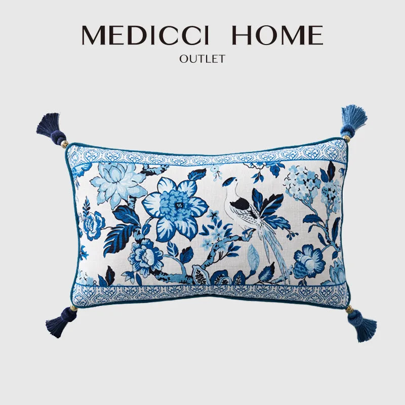 Blue & White Chinoiserie Cushion Cover - Floral Birds Print, Retro Style
